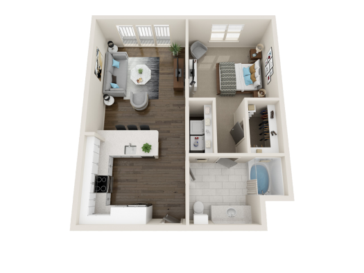 a 3d rendering of a two bedroom apartment at The Gates at Meadow Place