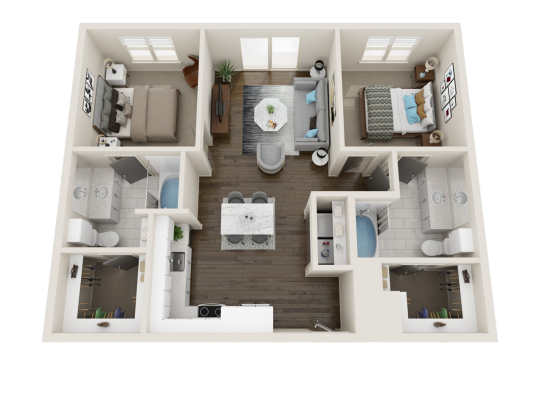 a 3d rendering of a two bedroom apartment at The Gates at Meadow Place